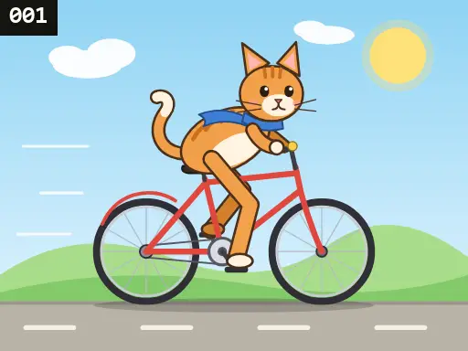 「自転車に乗る猫」の1回目から100回目までを順に切り替えて見せる動く画像