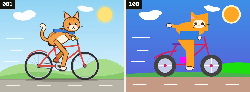 「自転車に乗る猫」の1回目と100回目。1回目は茶トラの猫が丸めたしっぽを立てて赤い自転車をこいでいる。100回目は濃い青紫の空の下、棒のような胴体の猫が片腕を横に伸ばしている