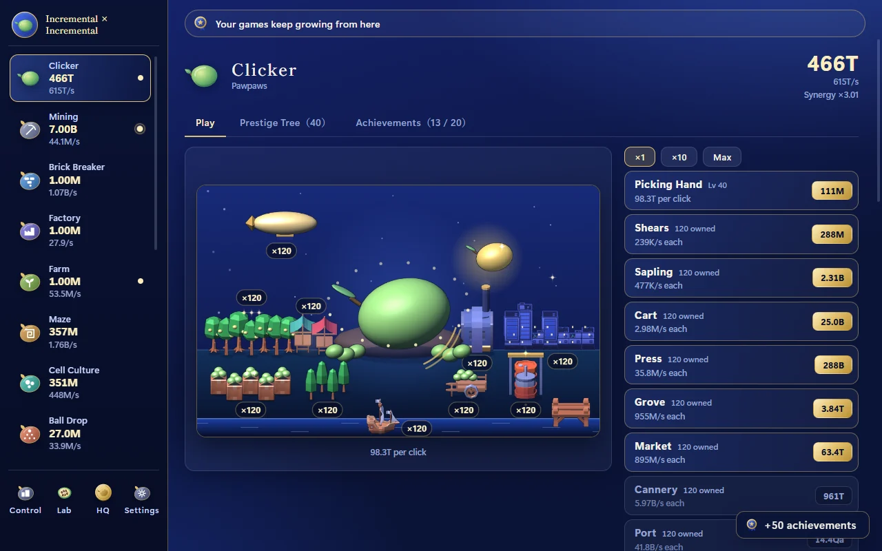 The Clicker screen of the idle game Incremental × Incremental. A list of games on the left, a large fruit with an orchard scene in the middle, and a list of upgrades on the right