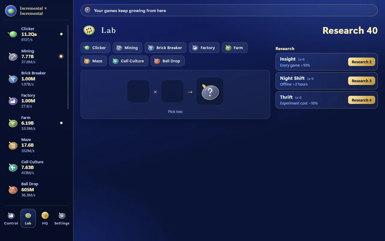 The Lab screen, where two games are picked and crossed to produce a new game